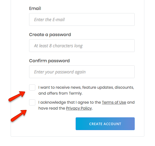 screenshot of termly sign up page 