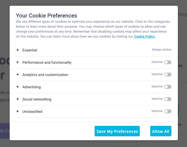 cookie preference center