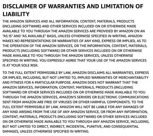 Clausola di limitazione della responsabilità o di non responsabilità di Amazon