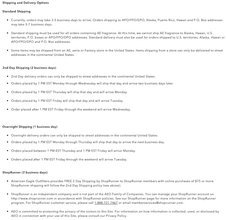 American-Eagle-Versand- und Abfertigungsklausel-Versandrichtlinien