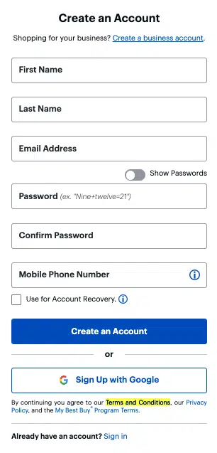 Conditions générales de Best Buy page de création d'un nouveau compte