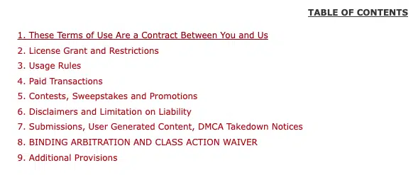 Disney terms of use table of contents