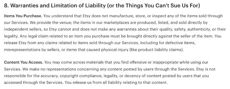 Etsy clause terms of use policy