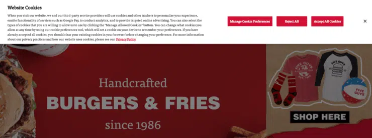 Five Guys_Cookie Consentimiento Banner