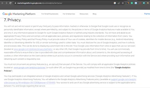 Google-Analytics- termini di servizio-richiede agli utenti di visualizzare l'informativa sulla privacy