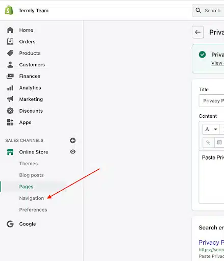 Comment se connecter à la politique de confidentialité de votre boutique Shopify - Étape 1