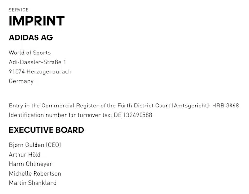 Impressum-ADIDAS-website
