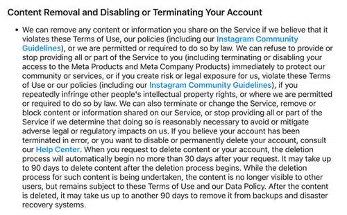 Clausola di cessazione e cancellazione dell'account Instagram