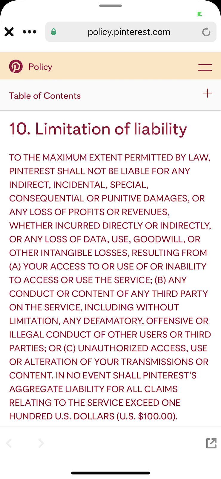 Pinterest-limitation-of-liability-terms-and-conditions