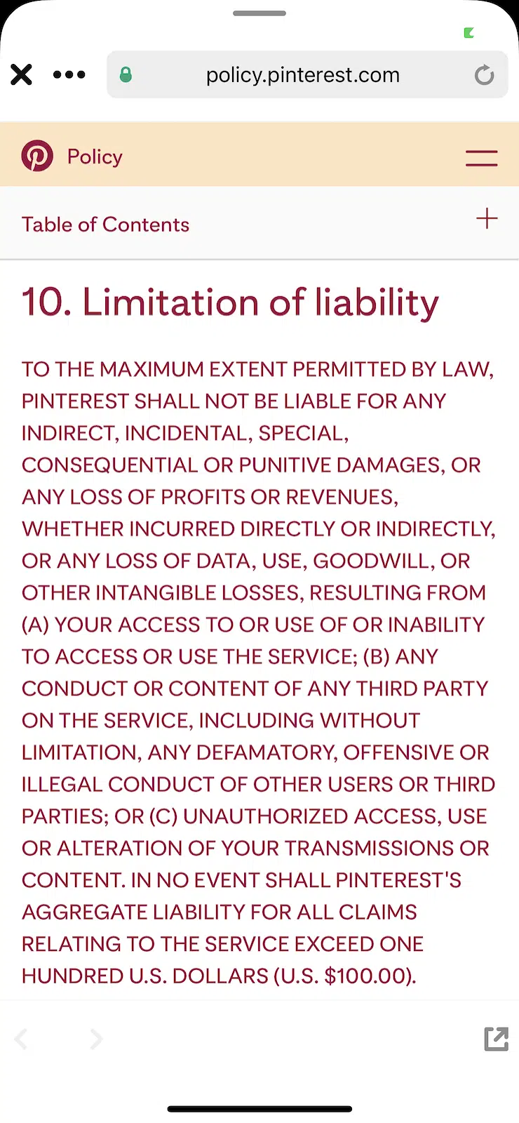 Pinterest-limitation-of-liability-terms-and-conditions