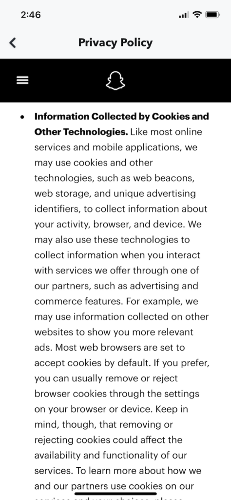 Snapchat-clause cover-cookies-trackers-privacy-policy