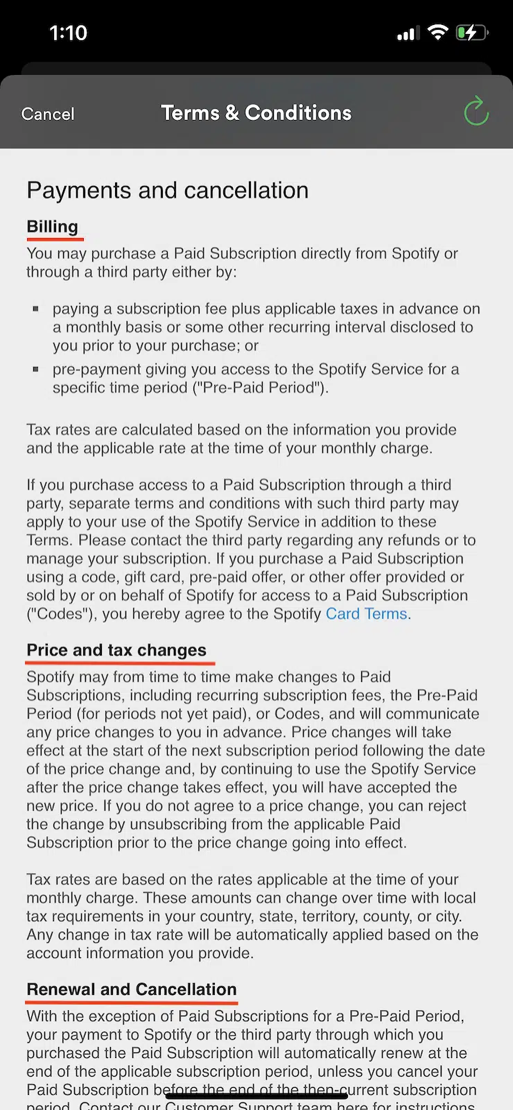 Spoify-mobile-app-terms-and-conditions-payments-clause