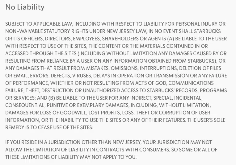 Starbucks disclaimers acceptable use policy