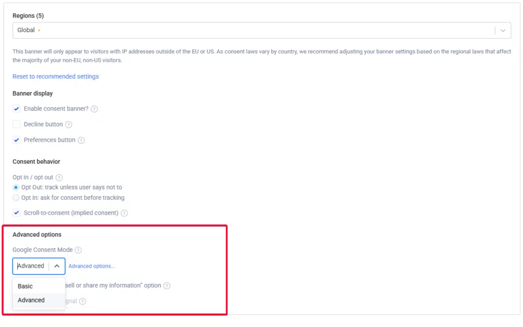 Einstellungen für den Termly -Zustimmungsmodus Termly