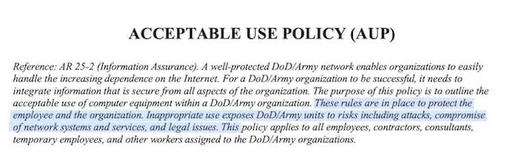 US Army acceptable use policy