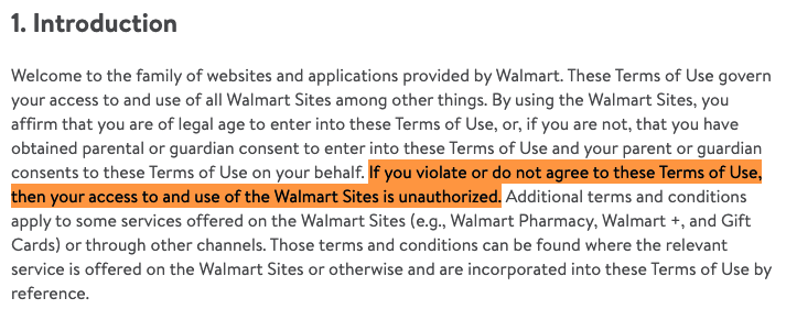 Walmart terms and conditions implies user consent