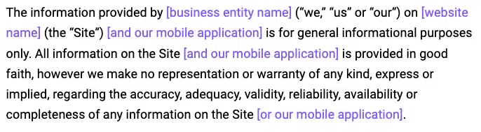 Modello di garanzia-esclusione di responsabilità