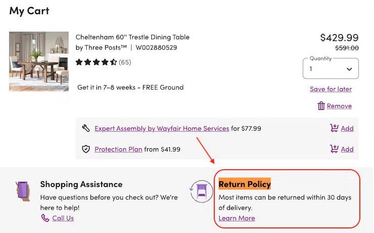 Wayfair-no-refund-policy-payment-pages