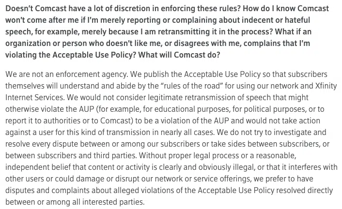 Xfinity Internet acceptable use policy