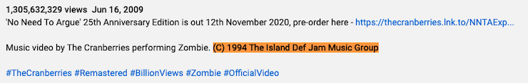 YouTube-music-video-copyright-disclaimer -Cranberries-song-Zombie
