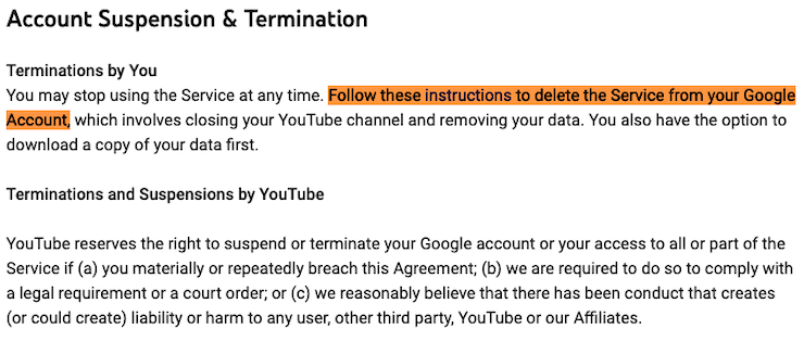 YouTube terms of service policy