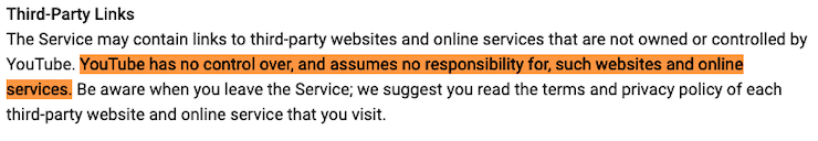 YouTube terms of service third party links