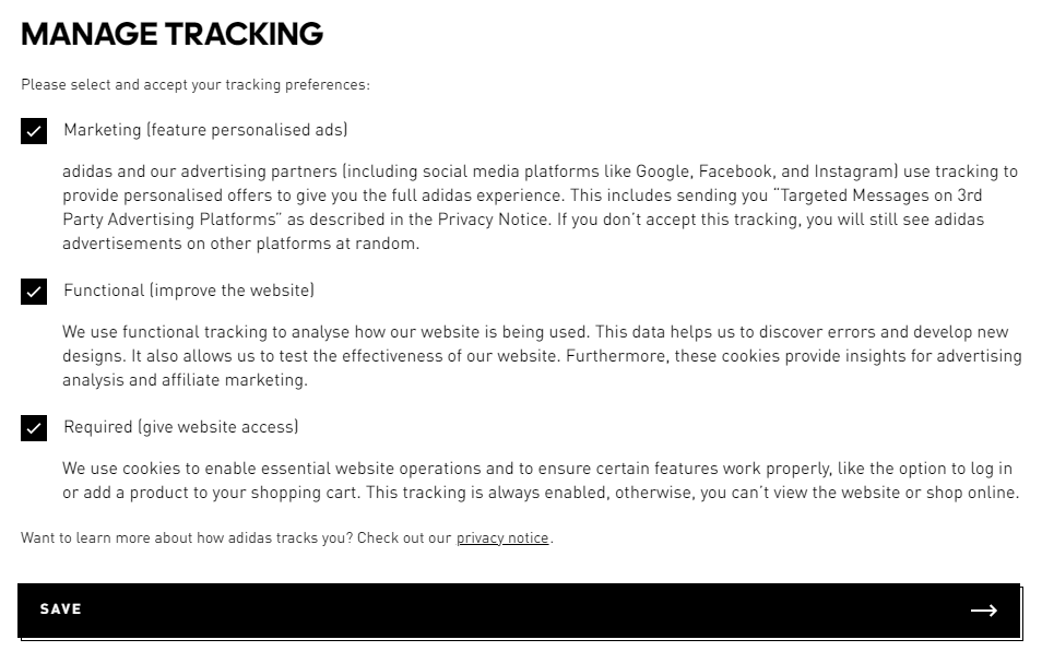 adidas gdpr noncompliant implied consent cookie consent banner manage tracking