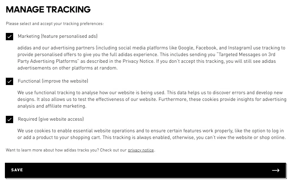 adidas rgpd consentimiento implícito no conforme consentimiento de cookies banner gestionar seguimiento