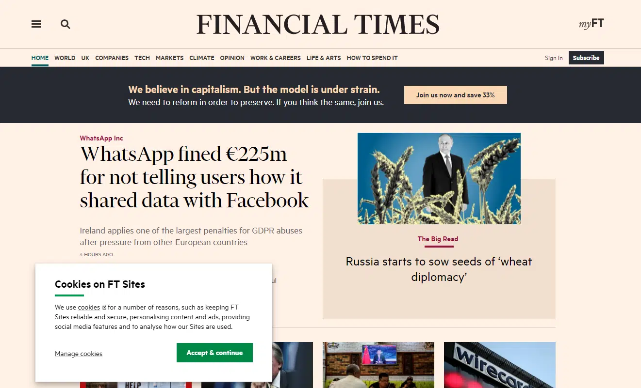 financial times consentimiento de cookies pop up