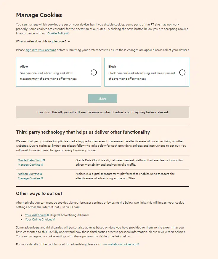 financial times consentimiento de cookies manager
