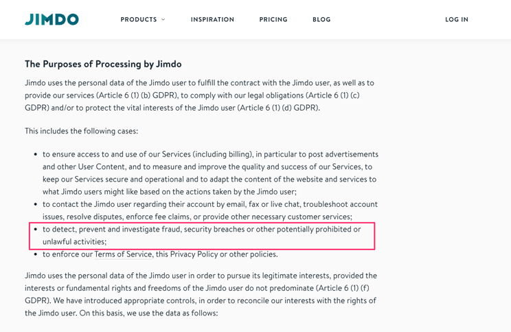 JIMDO privacy policy section regarding legitimate interests based on fraud prevention