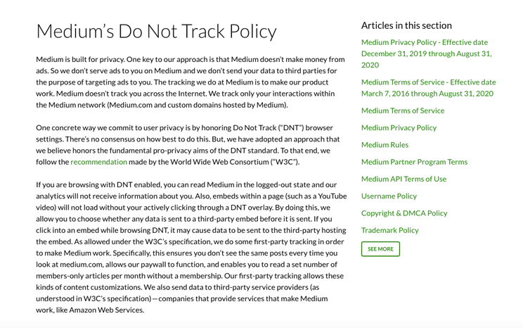 Medium's Do Not Track disclosure