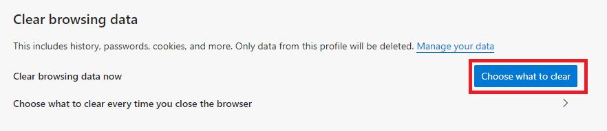 microsoft edge clear browsing data section