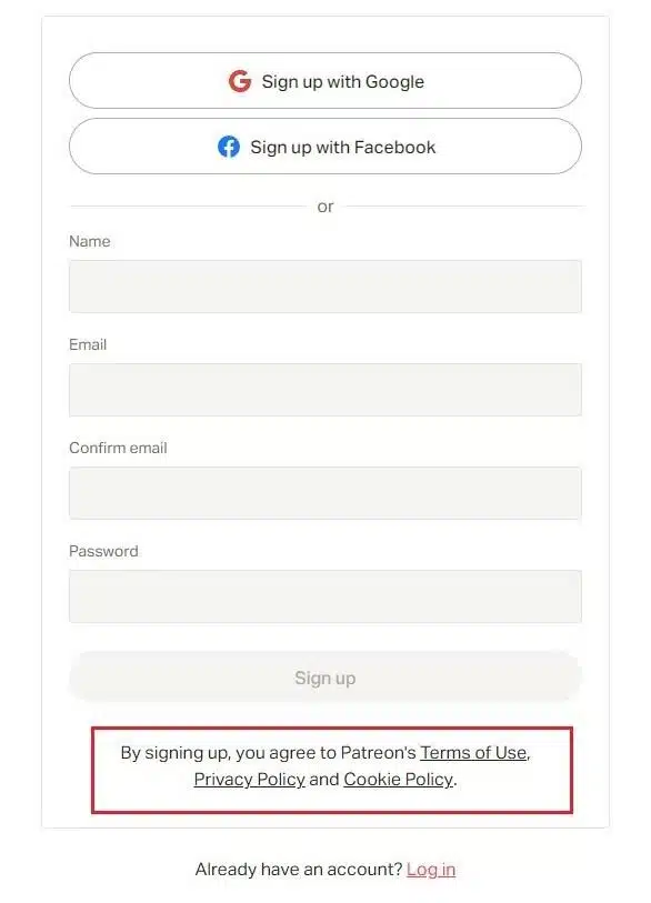 patreon sign up terms of use